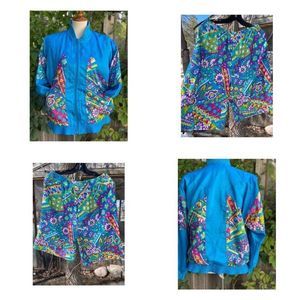 90s TanJay Jacket & Shorts Set Activewear Blue Mixed Print Funky Retro